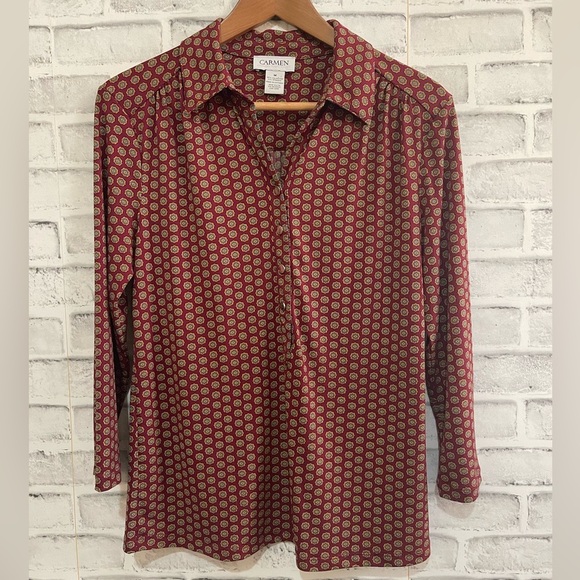 Women’s Carmen Marc Valvo brick red medallion button collar blouse Medium - Picture 1 of 3